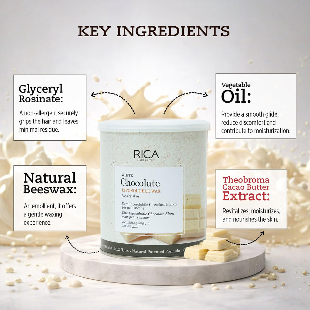 Rica White Chocolate Liposoluble Wax for Dry Skin with Glyceryl Rosinate, Natural Beeswax and Zinc Oxide - 800ml