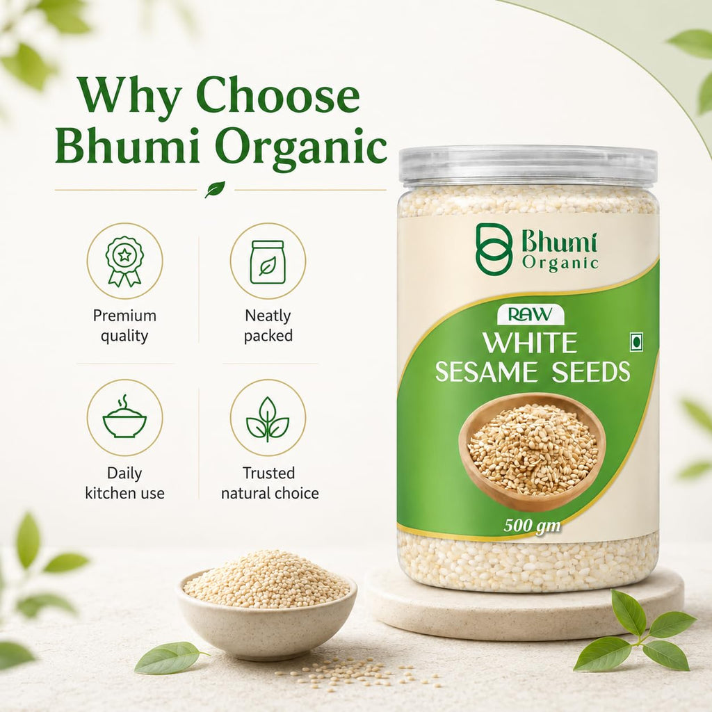 Bhumi Organic Raw White Sesame Seeds 500gm | 100% Clean and Natural White Til, Safed Til Seeds for Eating, Non-GMO, Antioxidant Rich