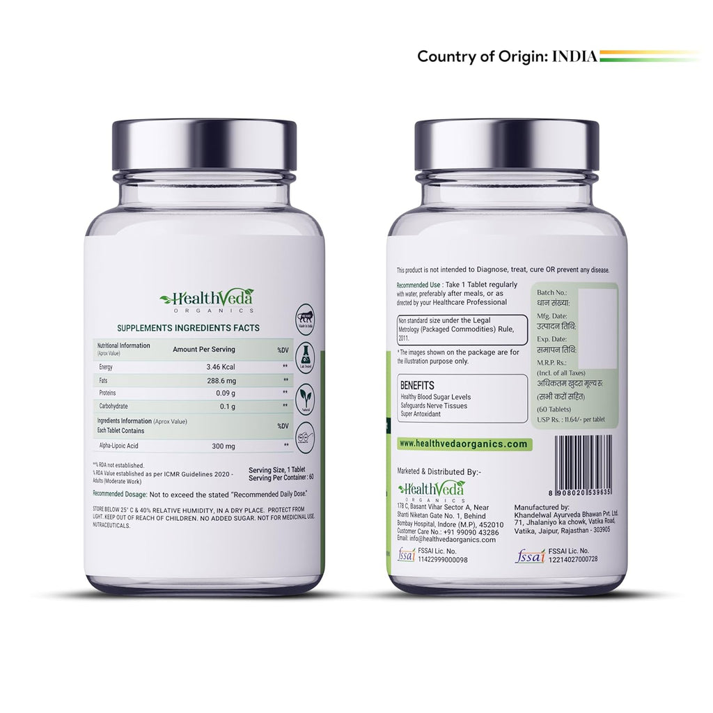 HEALTH VEDA ORGANICS PRIVATE LIMITED Alpha Lipoic Acid 300Mg | 60 Veg Tablets | Boosts Liver Function, Maintains Healthy Blood Sugar, Antioxidant Support | For Both Men & Women