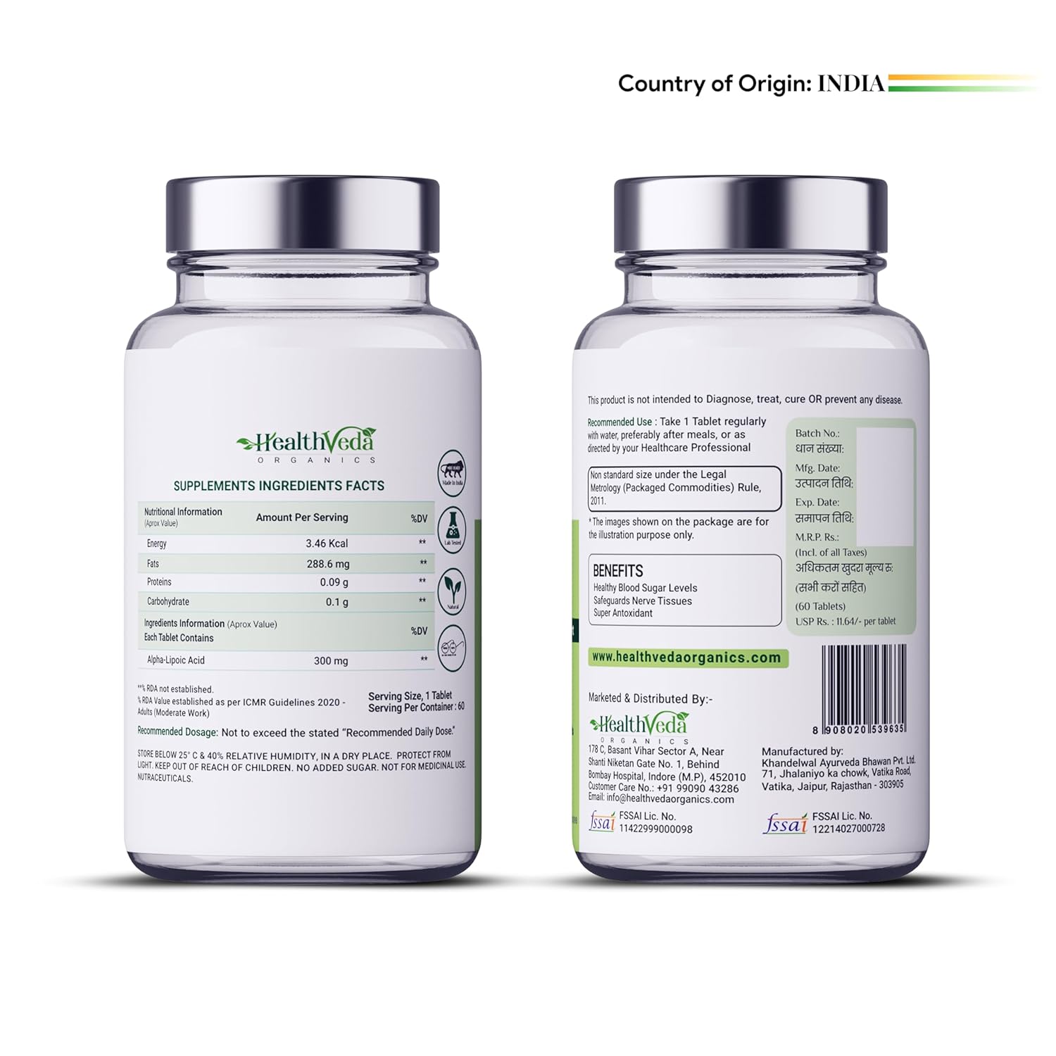 HEALTH VEDA ORGANICS PRIVATE LIMITED Alpha Lipoic Acid 300Mg | 60 Veg Tablets | Boosts Liver Function, Maintains Healthy Blood Sugar, Antioxidant Support | For Both Men & Women