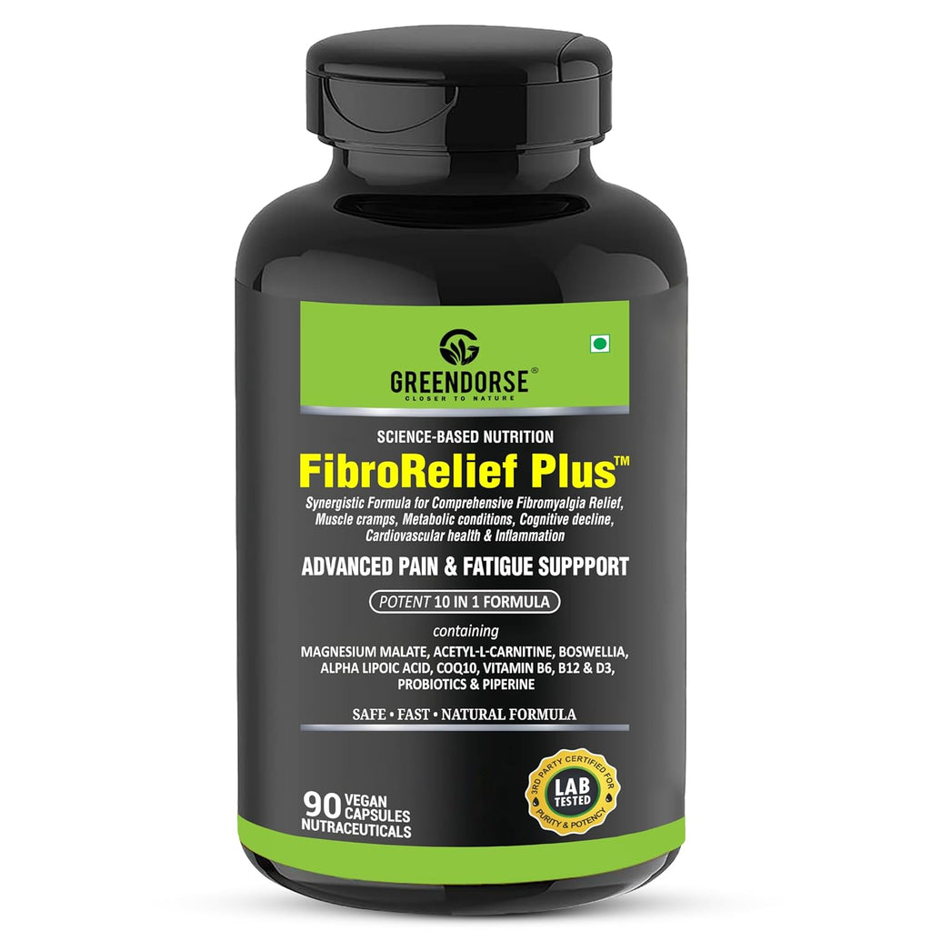 GREENDORSE FibroRelief Plus for Fibromyalgia relief, fatigue, inflammation, muscle cramps etc| 10 IN 1 formula with Magnesium malate, Curcumin, Boswellia, Alpha Lipoic acid, Acetyl-L-carnitine, CoQ10, Vitamins - 90 Veg Capsules