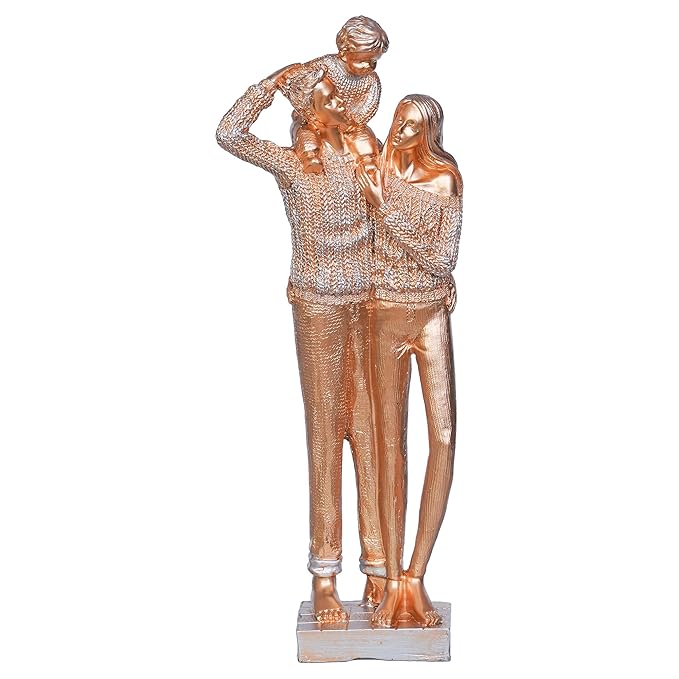 Ecraftindia Golden Beloved Family of Husband, Wife, and Kid on Father's Shoulder Human Figurines Decorative Showpiece