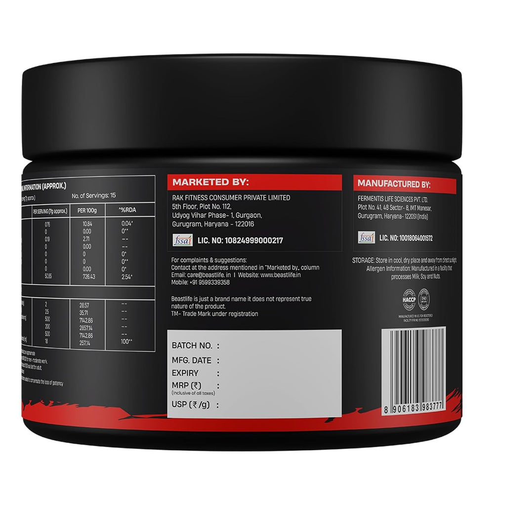 Beastlife Pre-Workout | 105 gm | Orange Flavor | Boosts Pump & Energy | Speeds Up Recovery | 2000 mg Citrulline | 2500 mg Beta-Alanine | 200 mg Caffeine | 500 mg Betaine