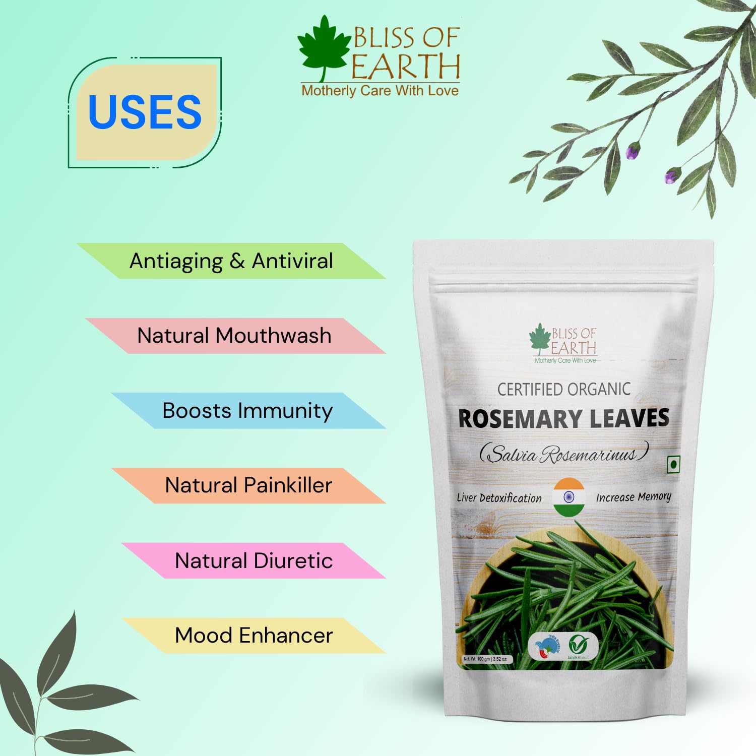 Bliss of Earth Dried Rosemary Leaves Certified Organic Rosmarinus Officinalis Great for Tea, Cooking, Hair & Memory 50GM