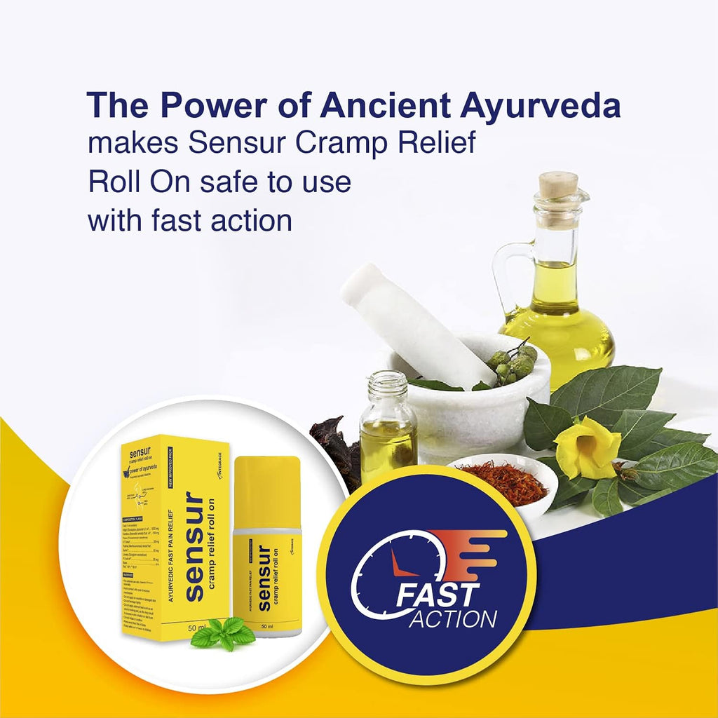 Ayurvedic Cramp Relief Roll On - 50ml (Pack of 1) | Fast & Safe Relief from Period Pain in Abdomen, Back & Thighs | Nilgiri, Kapur, Pudina, Lavang | Big Roll On for Easy Use | Soothing Aroma