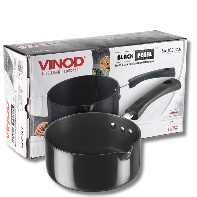 Vinod Black Pearl Hard Anodised Saucepan 1.1 Litres | 14cm | 3.25mm Thick | Metal Spoon Friendly | Ezee Pour Spout | Bakelite Handle