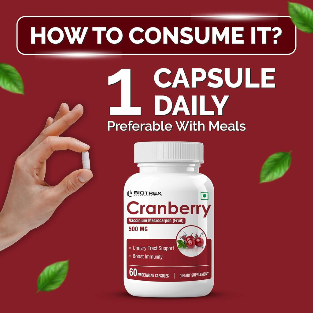 Biotrex Nutraceuticals Cranberry 500mg - for Urinary Tract Health, UTI Health Supplement | 60 Capsules