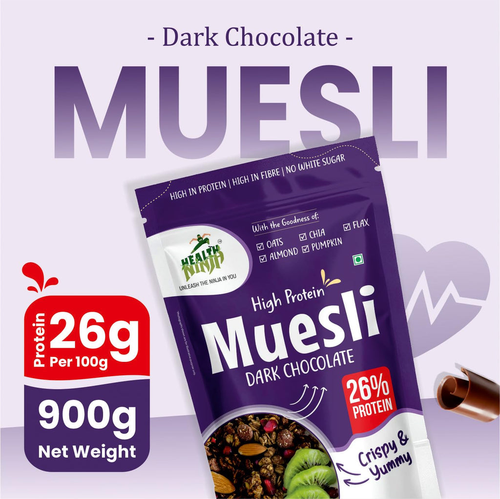 Health Ninja Dark Chocolate Muesli, 900 gms | High Protein Breakfast Cereal | Oats, Almonds, Chia, Flax & Pumpkin Seeds