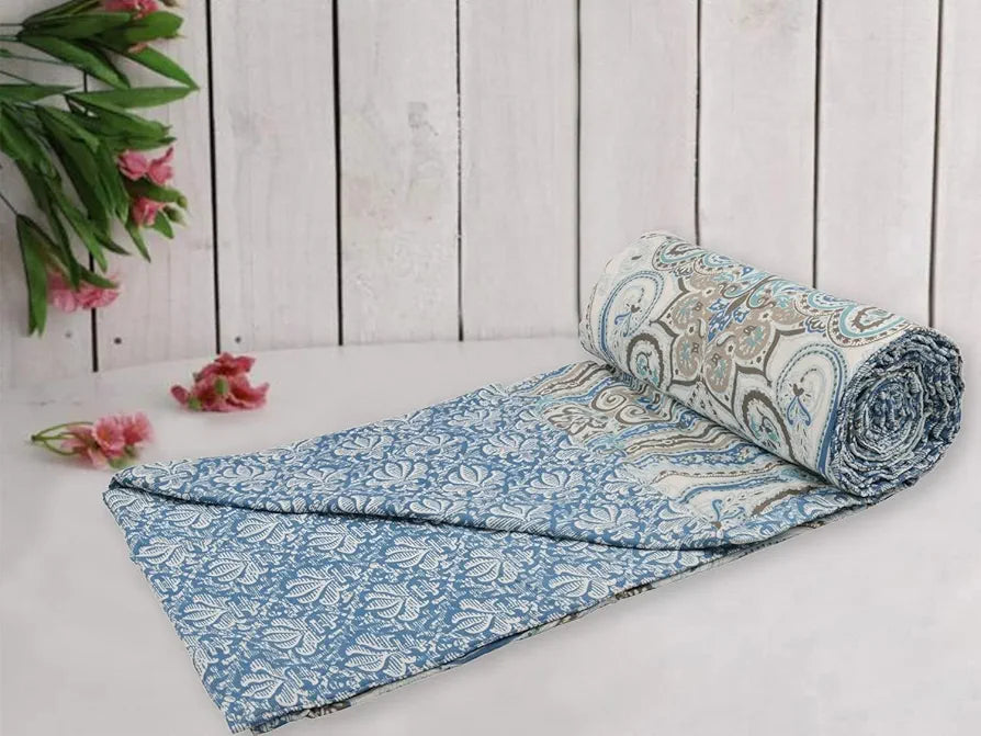Trance Home Linen 100% Cotton Reversible Dohar Double Bed Size Jaipuri Printed Artisan Block Design Blanket Soft Lightweight Colour Nargis Blue