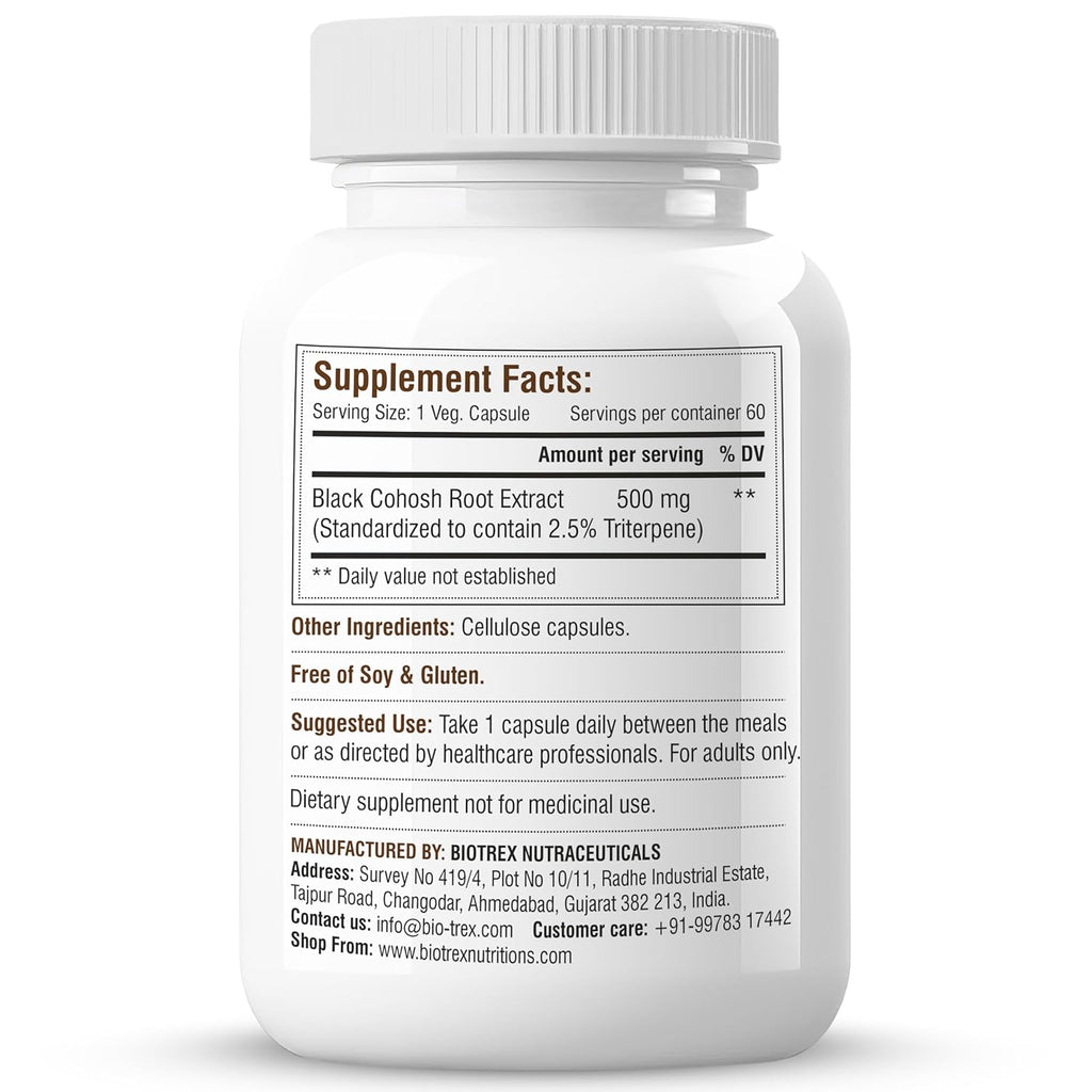 Biotrex Nutraceuticals Black Cohosh (10:1) 500mg | Supports Mood Balance & Hot Flashes | Overall Wellbeing & Bone Health | Non-GMO & Gluten Free | 60 Veg Capsule