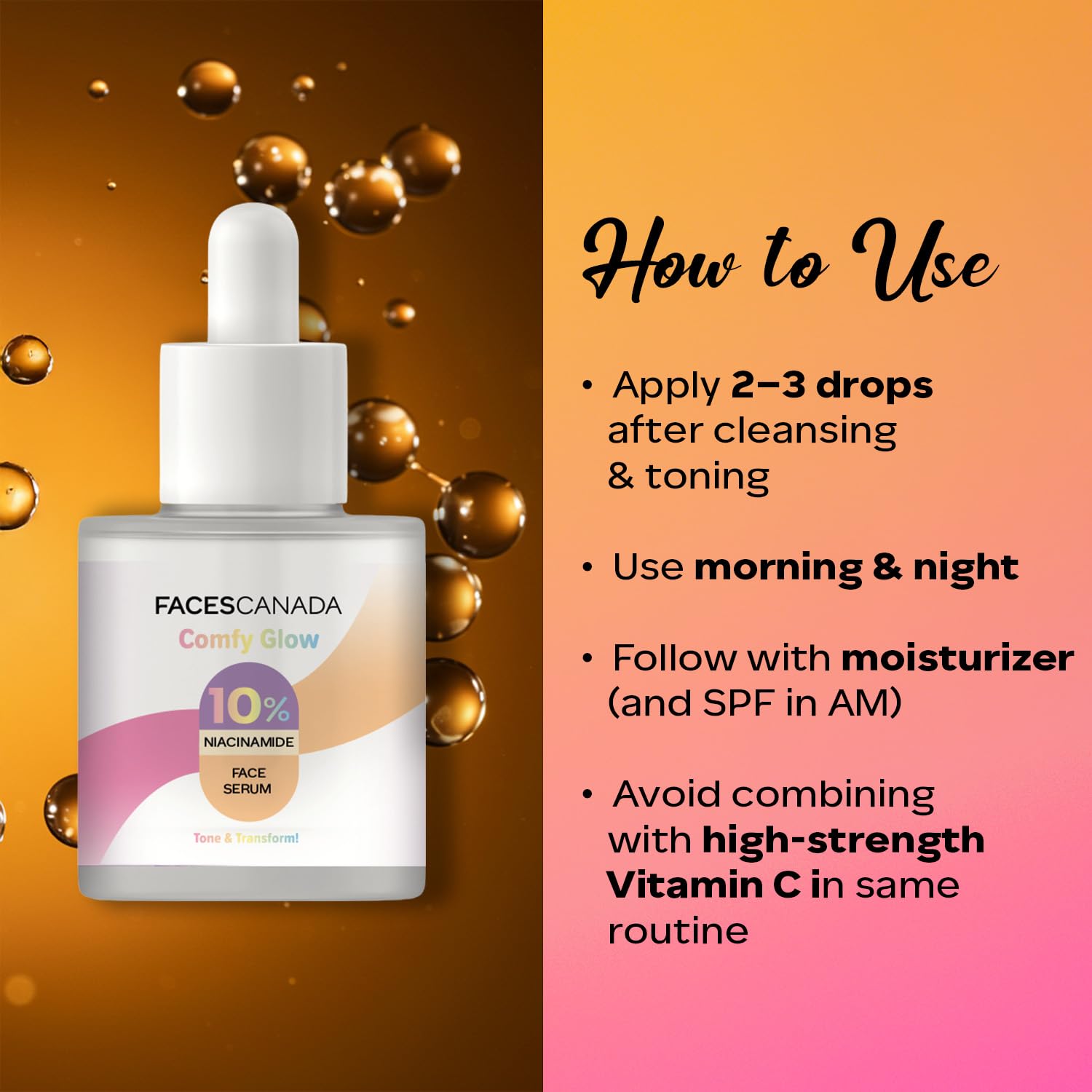 FACES CANADA Comfy Glow 10% Niacinamide Face Serum - 15ml | Controls Oil | Fades Spots & Marks | Minimizes Pores | Brightens Tone & Refines Skin Texture | Lightweight | Water Based Formula