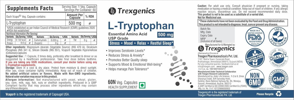 Trexgenics L-TRYPTOPHAN 500mg Essential amino acid, Stress, Mood, Relax, Restful Sleep Support (60 Vcaps) (1)