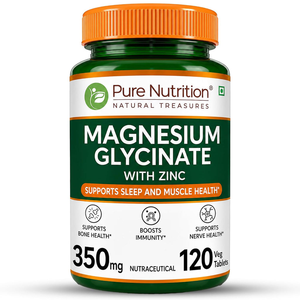 Pure Nutrition Magnesium Glycinate with Zinc Supplement 350 mg - 120 Tablets | High Absorption Magnesium Supplement for Bone, Muscle & Nerve Vitality | Supports Calm, Sleep Quality & Cramp Relief