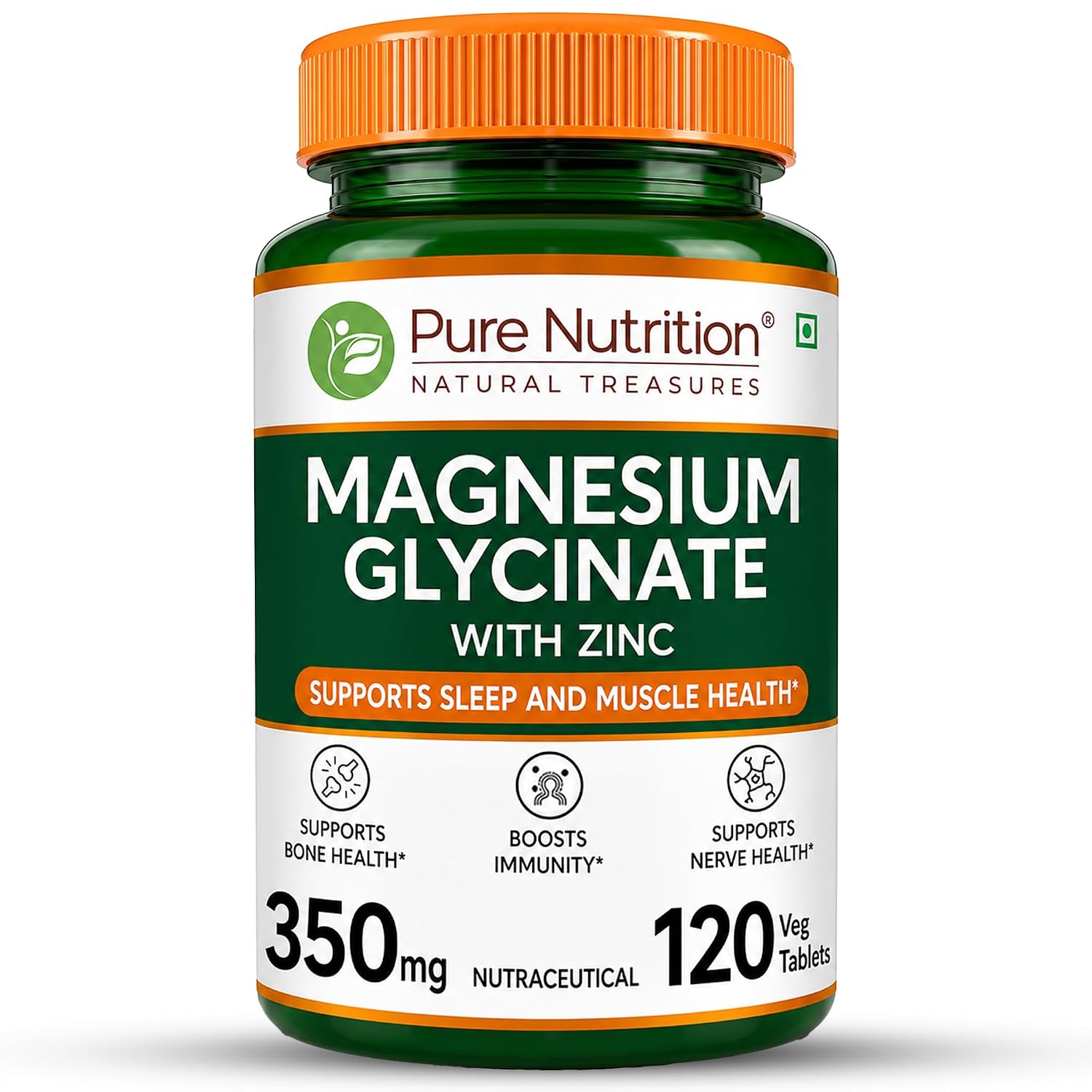Pure Nutrition Magnesium Glycinate with Zinc Supplement 350 mg - 120 Tablets | High Absorption Magnesium Supplement for Bone, Muscle & Nerve Vitality | Supports Calm, Sleep Quality & Cramp Relief