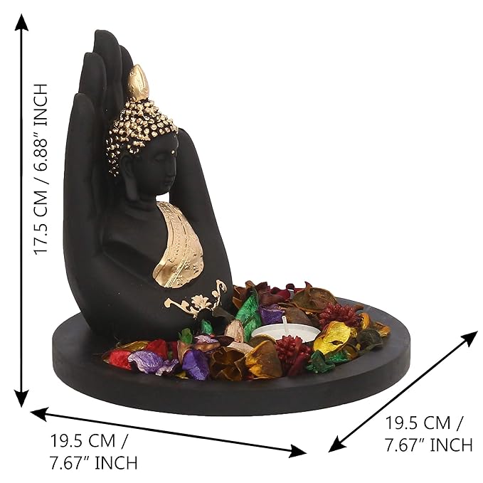 Ecraftindia Black and Golden Polyresin Palm Buddha Statue With Wooden Base | Fragranced Petals Tealight Holder