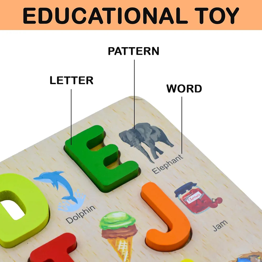 Wishkey 3d wooden capital alphabet puzzles with pictures for children, montessori educational learning letters puzzle board toy- Multi color