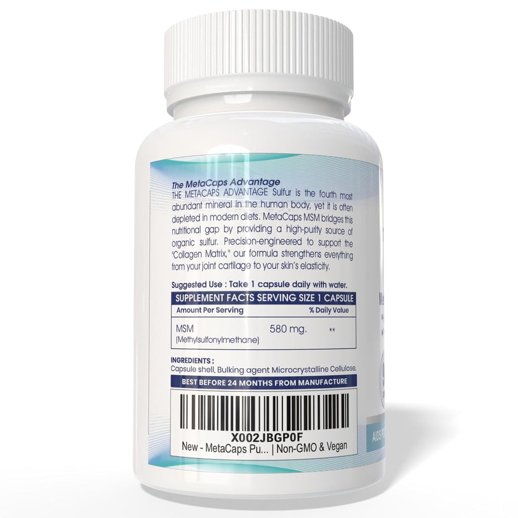 MetaCaps Pure MSM (Methylsulfonylmethane) 580mg – 90 Veg Capsules | High-Purity Organic Sulfur | Advanced Joint Comfort, Skin Health & Collagen Support | Supports Detoxification & Muscle Recovery | Non-GMO & Vegan