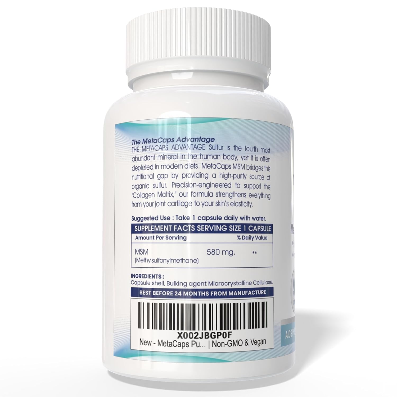 MetaCaps Pure MSM (Methylsulfonylmethane) 580mg – 90 Veg Capsules | High-Purity Organic Sulfur | Advanced Joint Comfort, Skin Health & Collagen Support | Supports Detoxification & Muscle Recovery | Non-GMO & Vegan