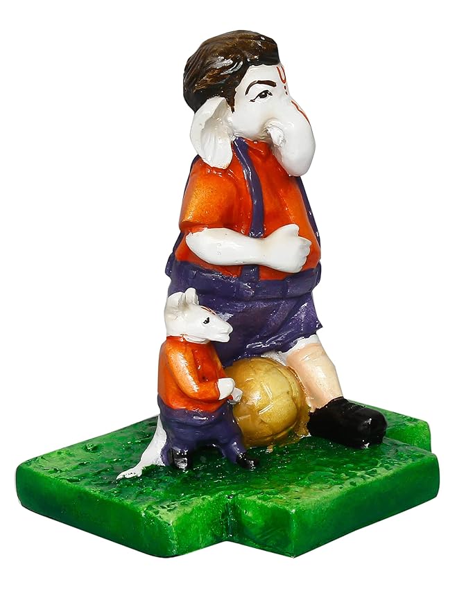 Ecraftindia Handcrafted Polyresin Lord Ganesha Idol Playing Football With Mushak Statue for Sports Enthusiasts and Ganesha Devotees