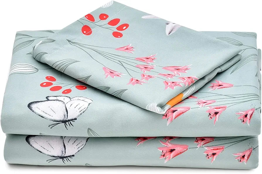 The Home Style Cotton Feel Glace Cotton Elastic Fitted Printed Double Bed King Size Bedsheet With 2 Pillow Cover,300 TC,Green Pastel Hydrangea Bloom