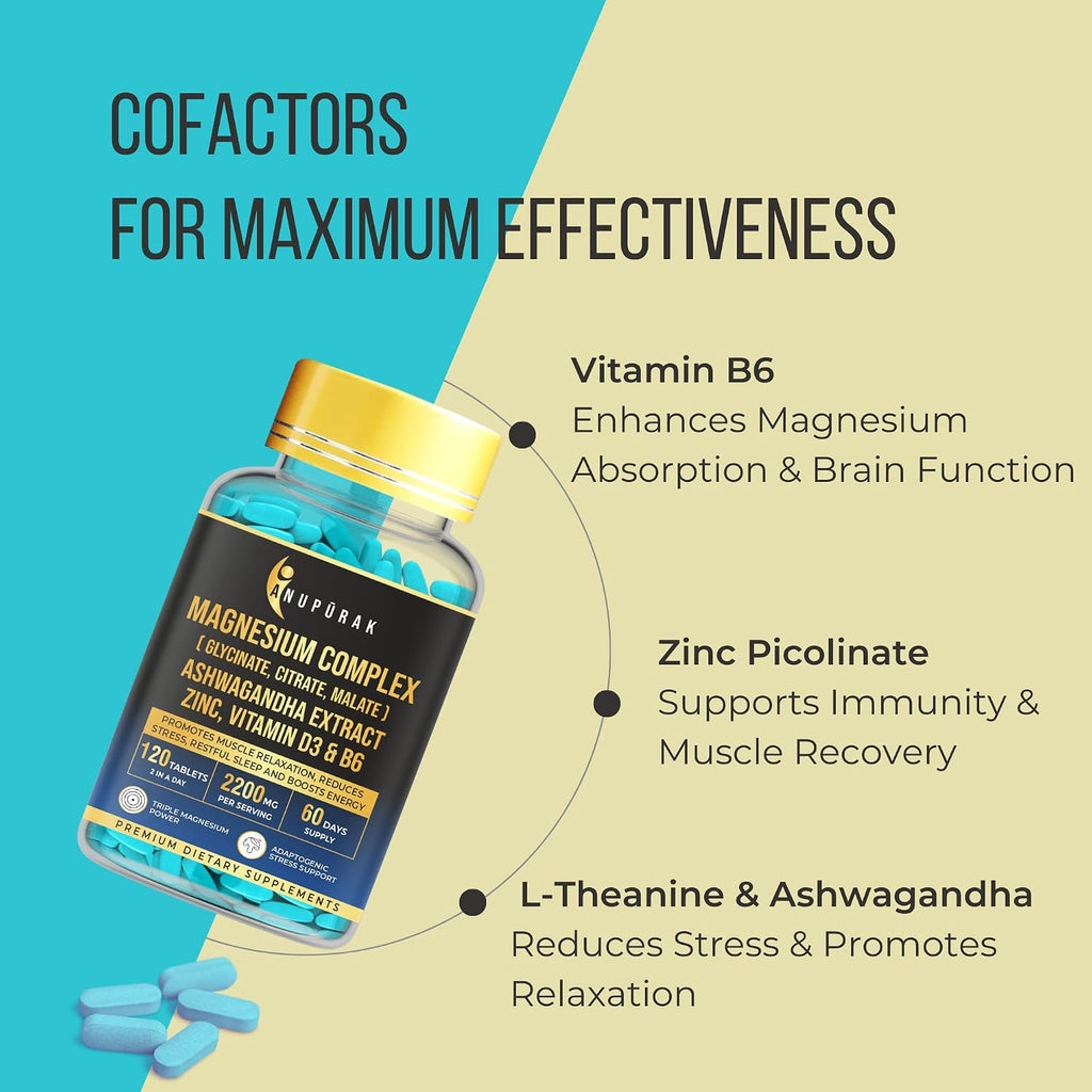 ANUPURAK Triple Magnesium Complex Tablets | Glycinate, Malate & Citrate | 296mg Elemental Magnesium | Ashwagandha, L-Theanine, Zinc & D3 | Stress Support, Calm Focus & Muscle Function | 120 Tablets (60 Days)