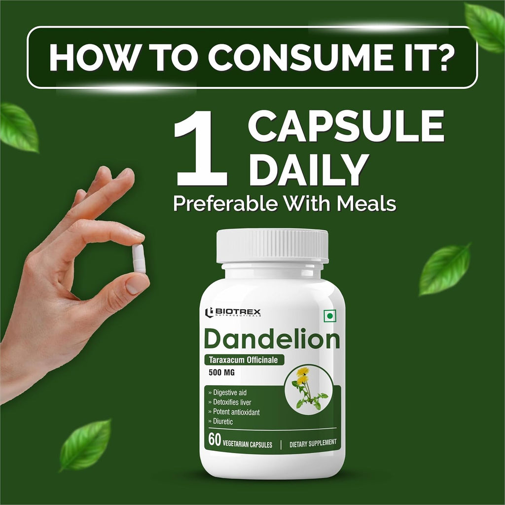Biotrex Nutraceuticals Dandelion 500mg | Natural Diuretic & Antioxidant | Liver Support and Body Detox | Supports Digestion | Regulates Glucose Levels | 60 Veg Capsules