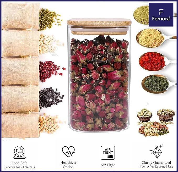 Femora Kitchen Storage Jars Borosilicate Glass Jar With Wooden Lid Air Tight Jar | 450 Ml | Pack of 4