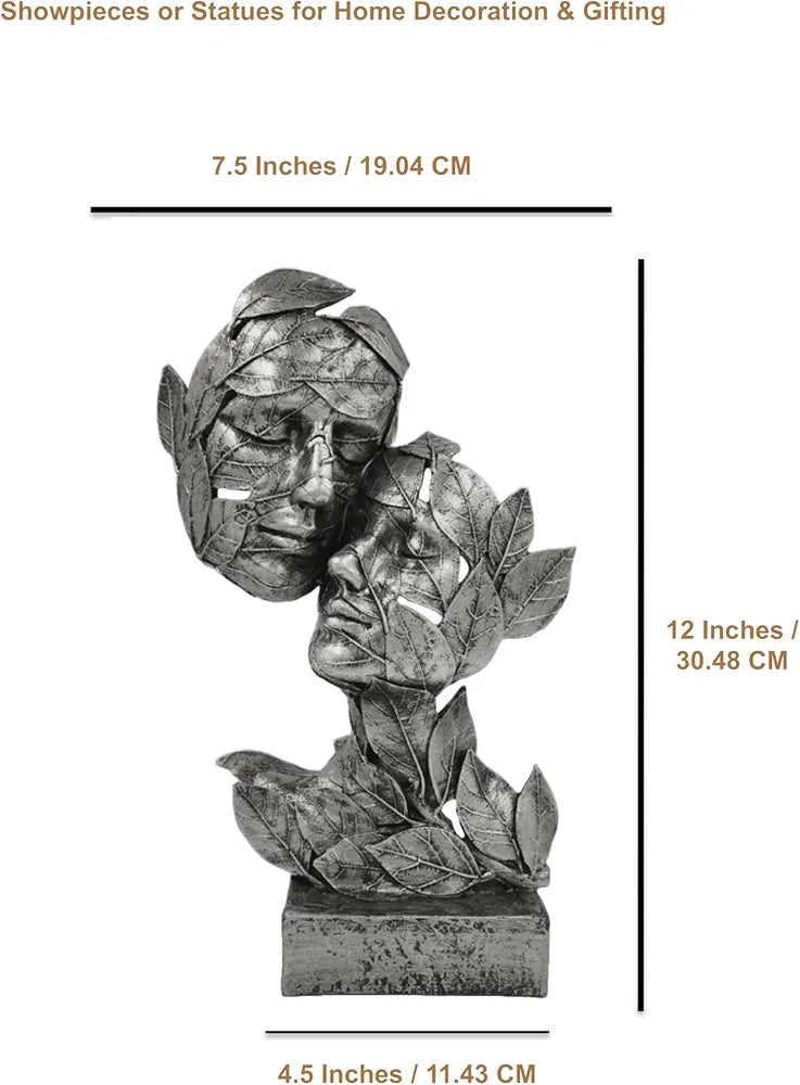Alila Silver Leaf Couple Faces Statue Showpiece Idol for Gifting & Home Table Decoration Vastu Lucky 12.5 Inches Height