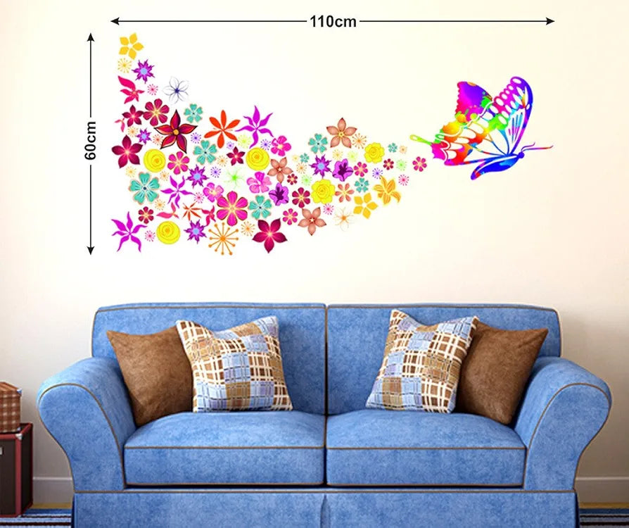 Decals Design Butterfly with Colorful Flowers Blowing' Wall Sticker
