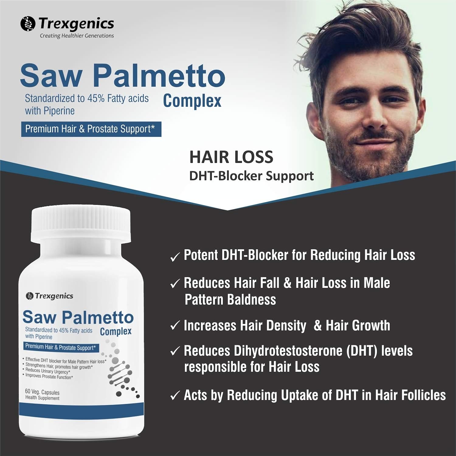 Trexgenics SAW PALMETTO Advanced - High Strength 45% Complex 550 mg with Bio-enhancer Piperine - Hair DHT Blocker & Prostate Support (60 Veg. Capsules) (1)