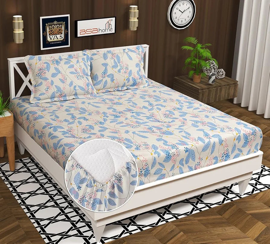 Homekart 220 TC Premium Cotton Elastic Fitted Bedsheets with 2 Pillow Covers Double Bed with Corner Elastic Floral Pattren White & Blue