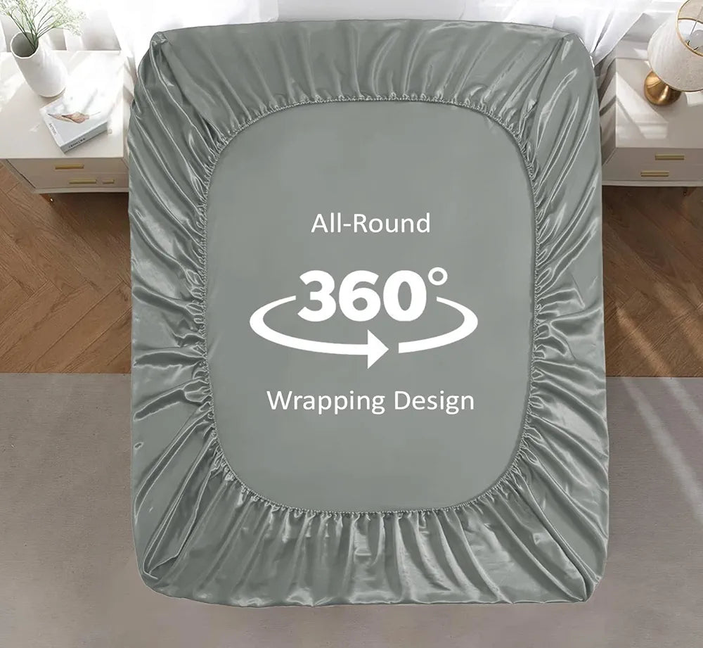 Cloth Fusion Satin Elastic Fitted Bedsheet for Double Bed King Size with 2 Pillow Covers H603 280 TC Silver