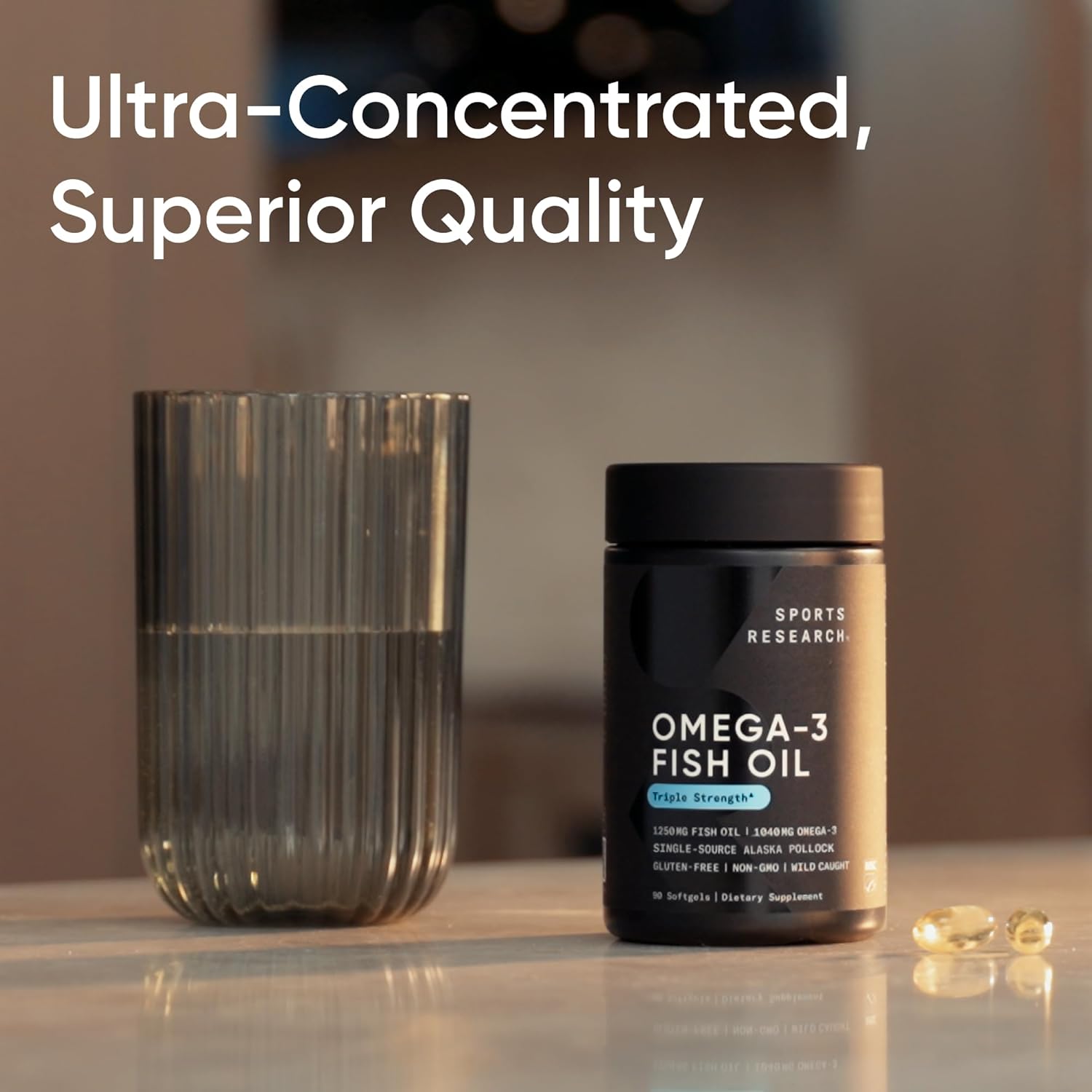 Sports ResearchÂ® Omega-3 Fish Oil 1250 - Triple Strength Fish Oil Supplement from Wild Alaska Pollock - MSC Certified Sustainable Â· Non-GMO Â· Soy Free - 90 Softgel Capsules