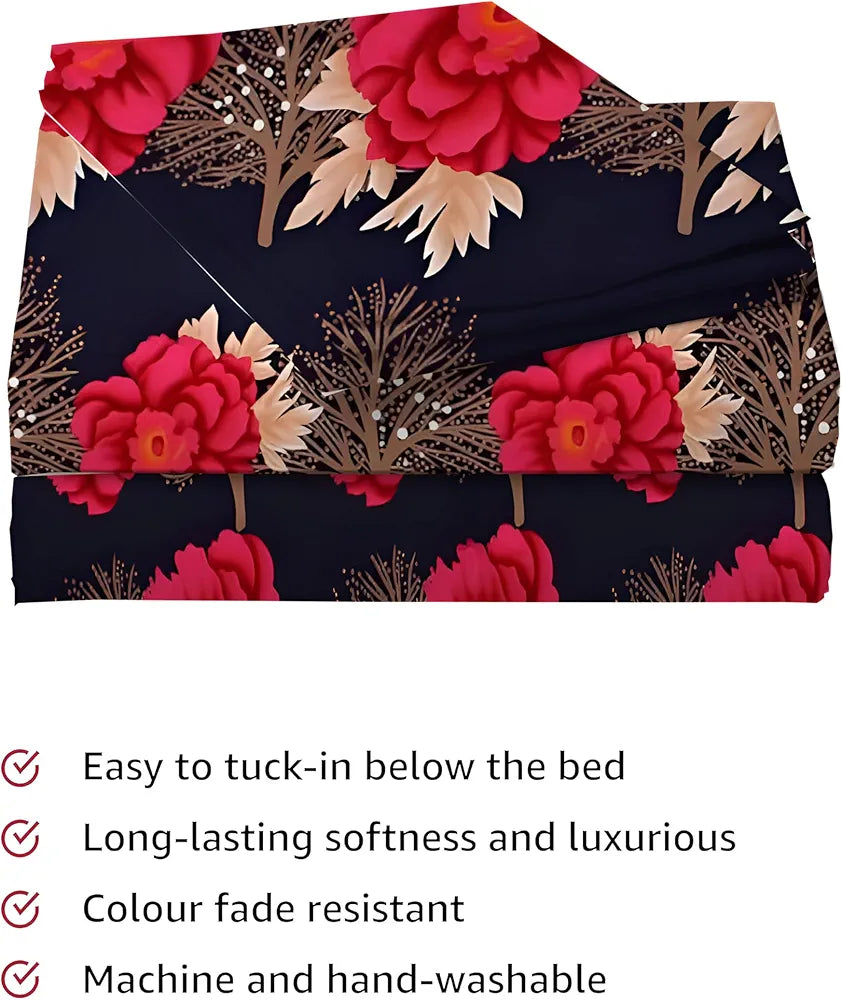Starnstyle Polycotton 220 TC Floral Printed King Size Double Bedsheet with 2 Pillow Covers Blue Red