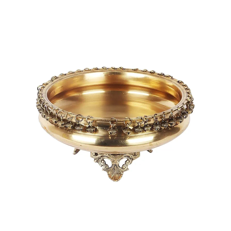 Two Moustaches Brass 8 Inches Urli Bowl on Ethnic Carved Legs Brass Bowl Standard