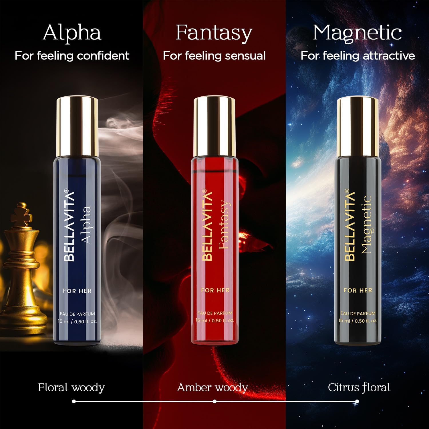 BELLAVITA Luxury Mood Collection Gift Set 3x15ML | Long Lasting EDP Perfume for Women | Alpha, Fantasy & Magnetic | Pink Pepper, Jasmine and Moss | Fruity, Floral Premium Fragrance for Woman