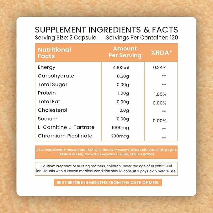 Prasatti Herbal Organic Plant Based L-Carnitine L-Tartrate Capsules - 60 Veg Caps