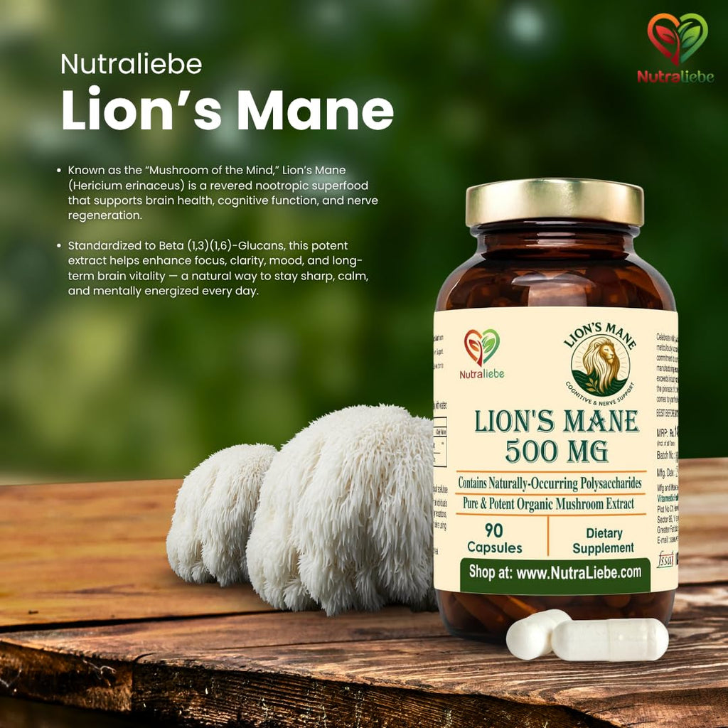 Nutraliebe Lion’s Mane Mushroom Extract 500 mg – Hericium erinaceus Standardized to Beta (1,3)(1,6)-Glucans | Brain Health, Memory & Focus Support | Nerve Growth Factor (NGF) Booster | 90 Vegetarian Capsules | Non-GMO, Gluten-Free