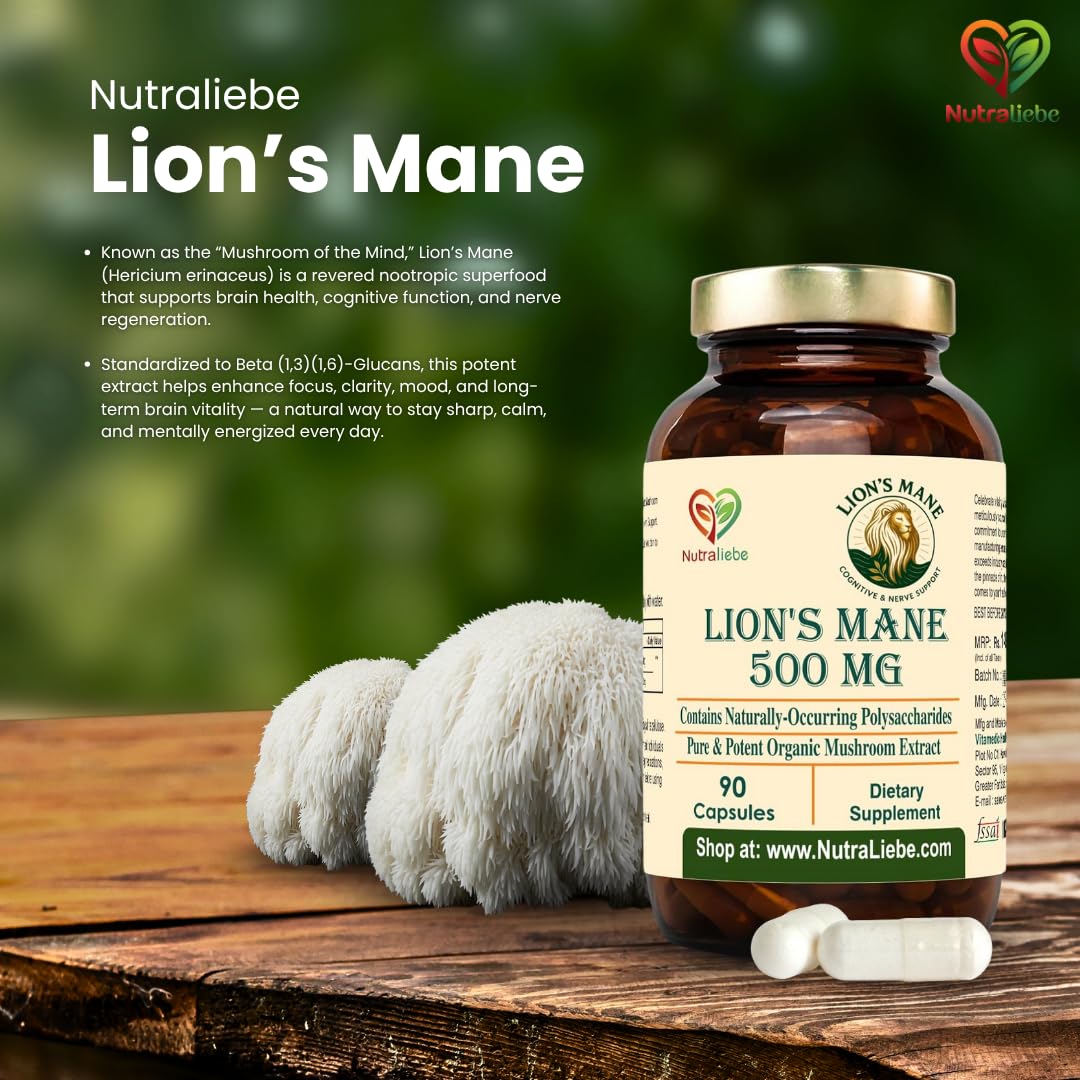 Nutraliebe Lion’s Mane Mushroom Extract 500 mg – Hericium erinaceus Standardized to Beta (1,3)(1,6)-Glucans | Brain Health, Memory & Focus Support | Nerve Growth Factor (NGF) Booster | 90 Vegetarian Capsules | Non-GMO, Gluten-Free