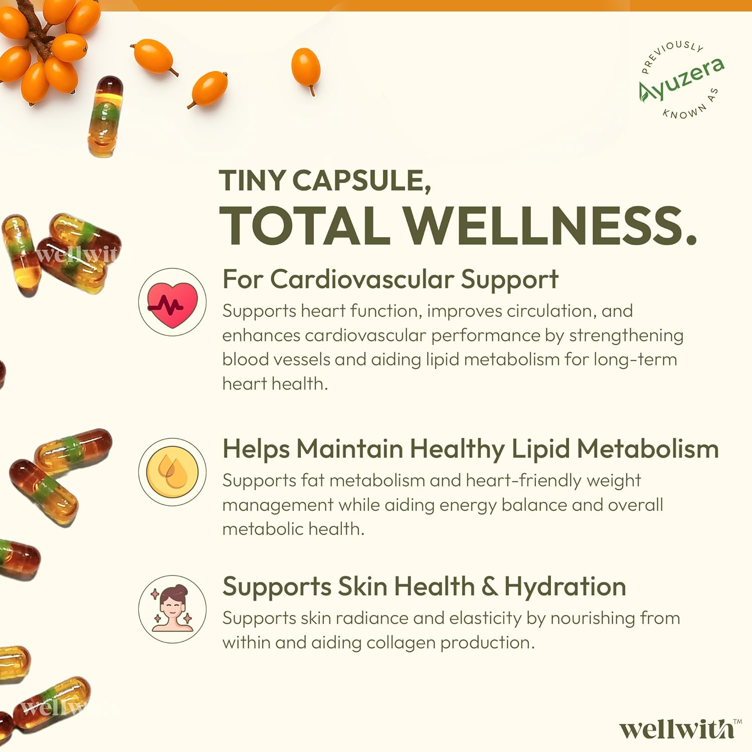 Wellwith (Ayuzera) Sea Buckthorn Berry Oil Vegan Omega 7 500mg, 30 Veg HPMC Capsules (Pack of 1), 15-Day Supply| Sea buckthorn capsules rich In Omega 3, 6, 7 & 9 For Muscle, Bone, Heart & Skin