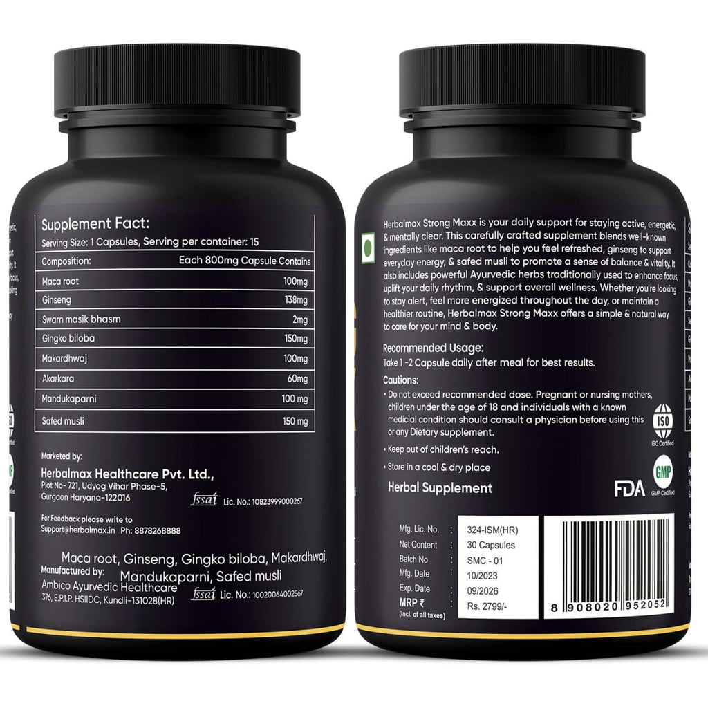 Herbal Max Strong Maxx Maca Root Capsules â€“ 800 mg | 30 Vegetarian Capsules | Natural Energy & Vitality Booster | Ayurvedic Supplement for Men & Women