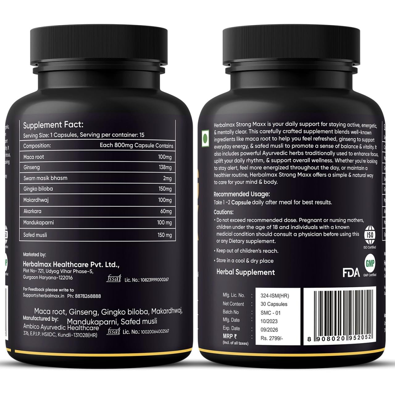 Herbal Max Strong Maxx Maca Root Capsules â€“ 800 mg | 30 Vegetarian Capsules | Natural Energy & Vitality Booster | Ayurvedic Supplement for Men & Women