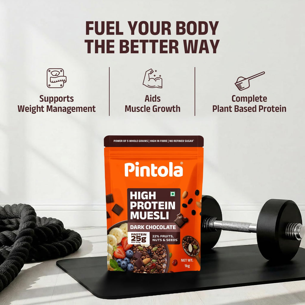 Pintola 25g High Protein Dark Chocolate & Cranberry Muesli 1kg, No Refined Sugar, Trans Fat Free, High Fibre, Gluten-Free, Breakfast Cereal