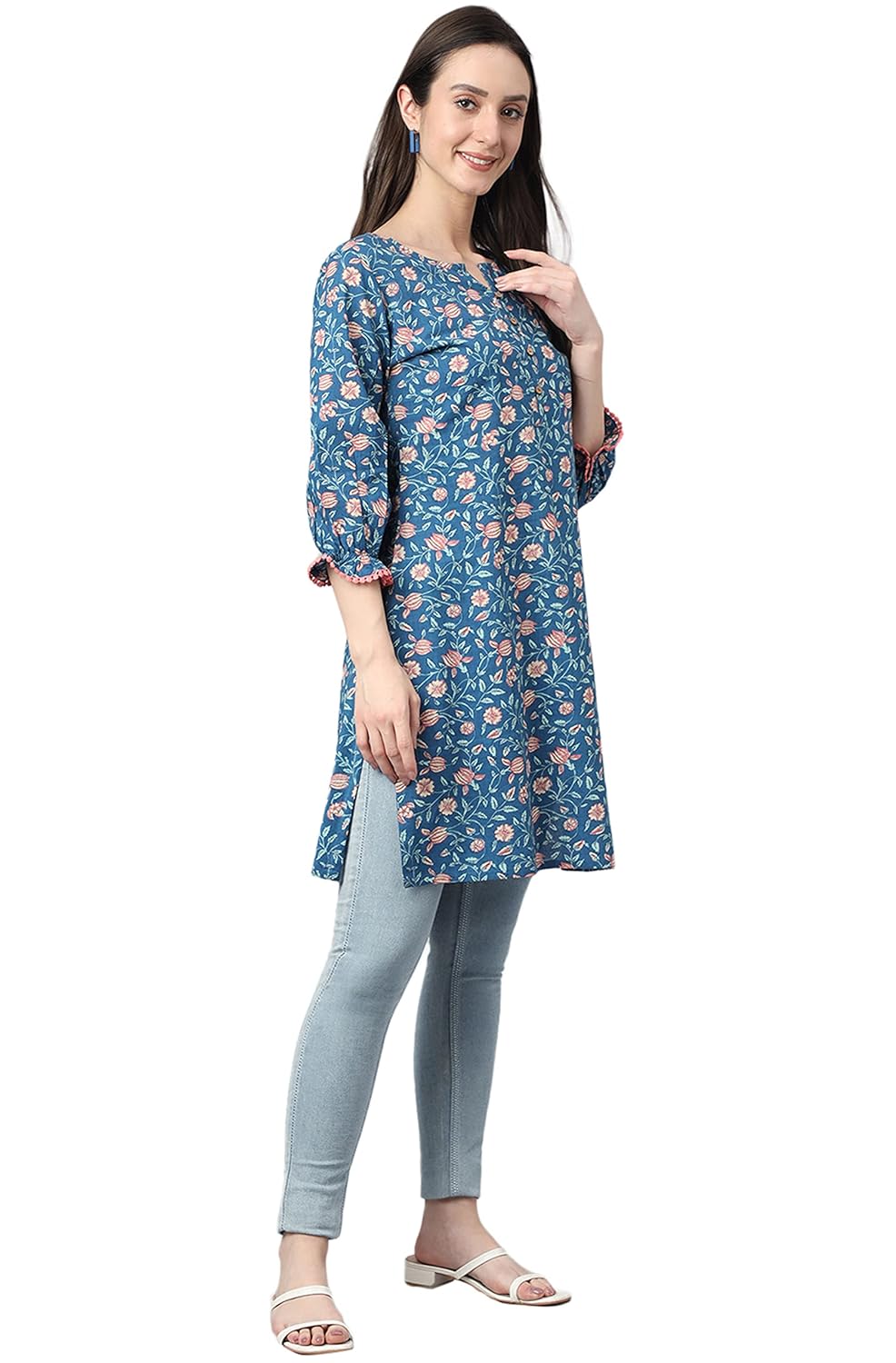 Janasya Women's Blue Cotton Floral Print Regular Tunic