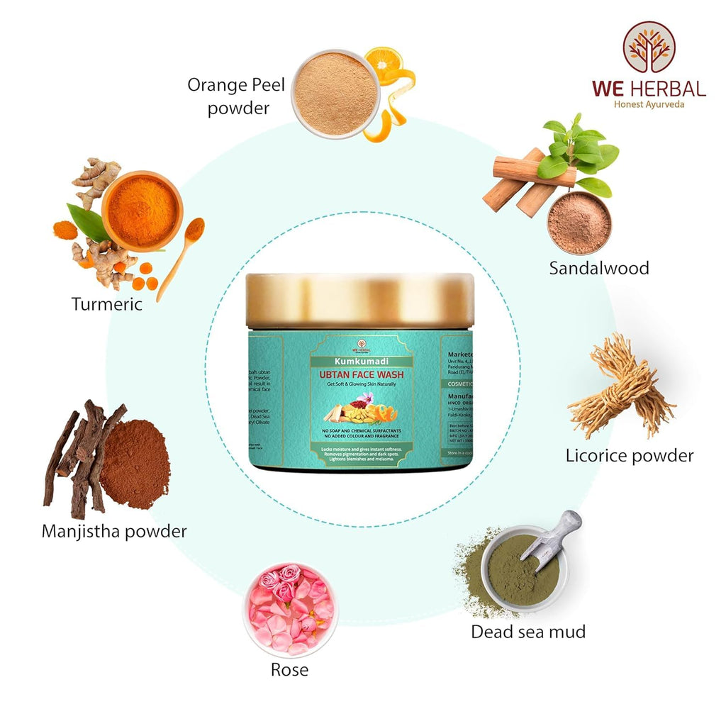 WE HERBAL Kumkumadi Ubtan Face Wash for Glowing Skin 100g, Ayurvedic Brightening Cleanser with Saffron, Turmeric and Dead Sea Mud, Reduce Dark Spots Remove Tan and Provide 72 Hour Hydration, No Artificial Colour, No Fragrance