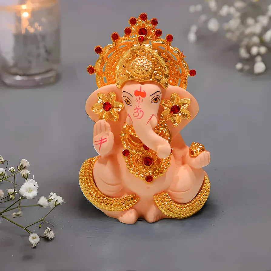 CraftVatika Ganesh Idol Murti Statue for Car Dashboard Ceramic Terracotta Gold Plated Ivory