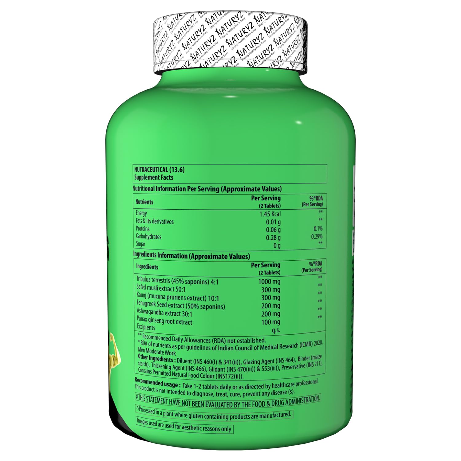 Naturyz Testo-6 Plant based Supplement For Men 2100mg per serving with Maximum Strength 1000mg Tribulus Terrestris, Safed Musli, Kaunj, Ashwagandha for Muscle gain, Stamina & Strength - 60Tablets