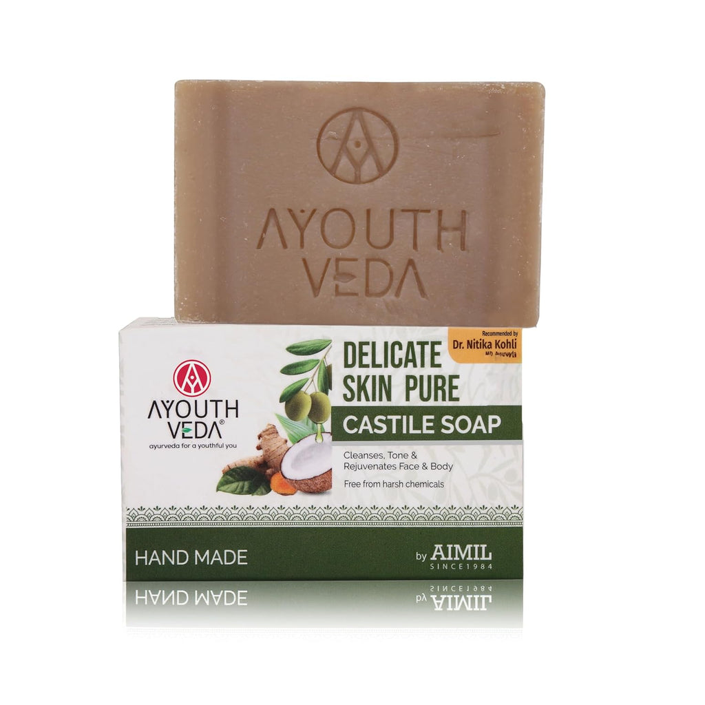 Ayouthveda Delicate Skin Pure Castile Soap | With the Goodness of Tulsi, Neem, Coconut & Olive Oil | Cleanse, Tones & Rejuvenates Skin | Handmade Soap Without Harsh Chemical (Pack Of 1-100Gm)