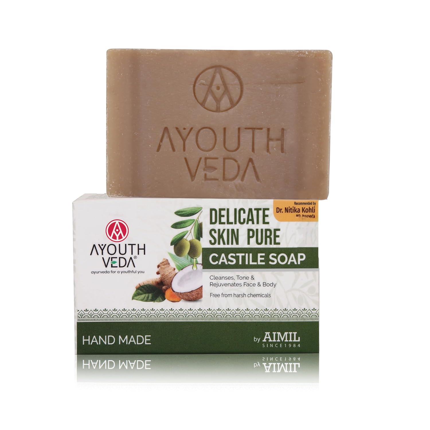 Ayouthveda Delicate Skin Pure Castile Soap | With the Goodness of Tulsi, Neem, Coconut & Olive Oil | Cleanse, Tones & Rejuvenates Skin | Handmade Soap Without Harsh Chemical (Pack Of 1-100Gm)