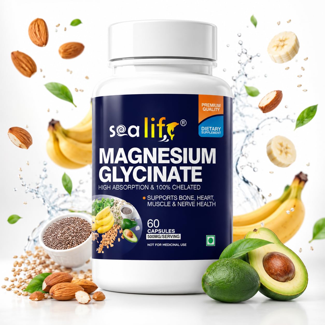 Sea Life Magnesium Glycinate 500 Mg Capsules |60 Veg Capsules | Magnesium Supplement | Improves Muscle & Nerve Function| Anti Stress Supplement | Better Sleep Quality | (Pack of-1)
